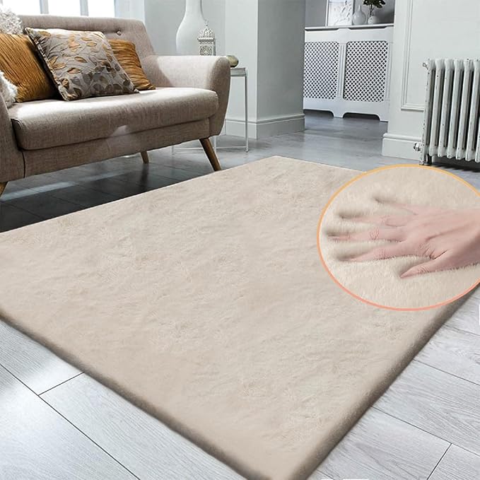Beige Plush Faux Washable Rabbit Fur Area Rugs - Image 3