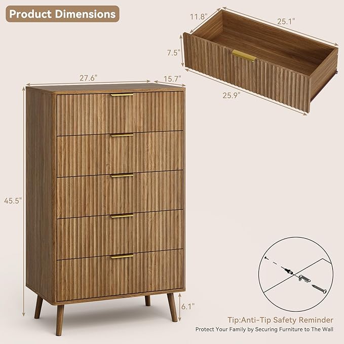 CARPETNAL Fluted 5 Drawers Dresser - Image 2