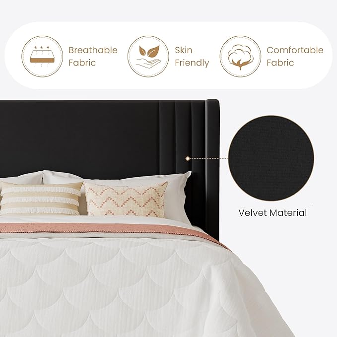SHA CERLIN King Size Velvet Upholstered Platform Bed Frame - Image 6