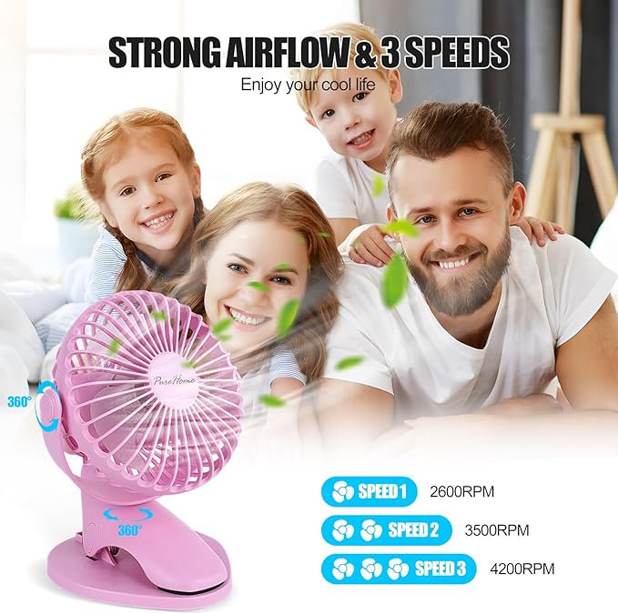 PureHome Portable Clip Fan Battery Operated, 3 Speeds USB Rechargeable Mini - Image 2