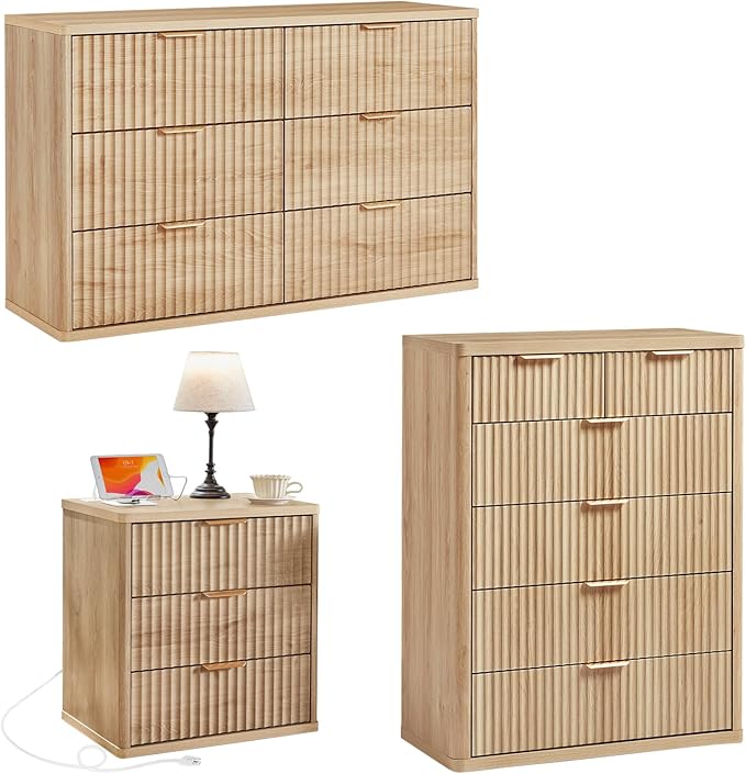 LEYAOYAO Fluted Dressers & Nightstand Set of 3, Wood 48" Wide Dresser & 42" by LEYAOYAO-Findtheshiningpointofyourideallife%EF%BC%81
