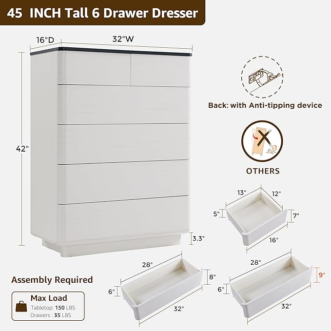ACCOHOHO 6 Drawer Dresser for Bedroom, 42 Inch Tall Modern Chest of Drawers - Image 2