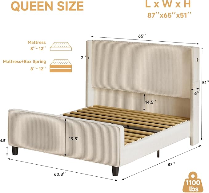 Queen Size Bed Frame with Headboard, Upholstered Platform Bed with Tall - Image 2