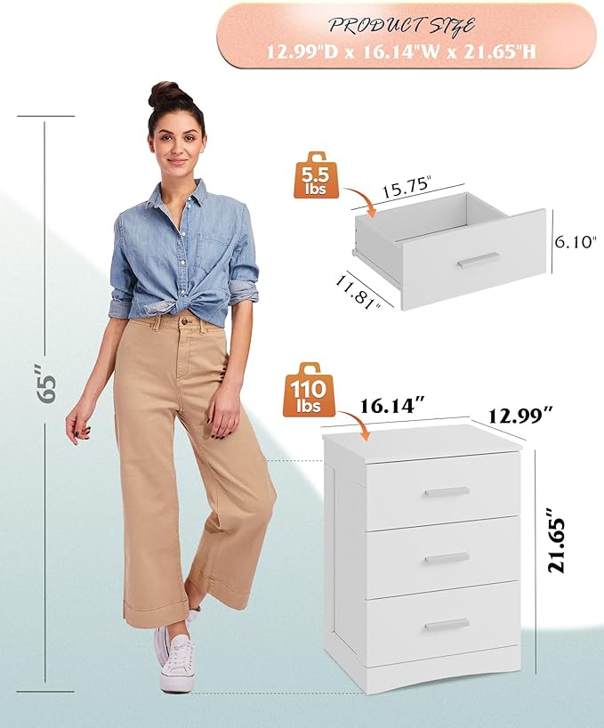 WLIVE White Night Stand with 3 Drawers, Small Nightstand with Storage, Wooden - Image 3