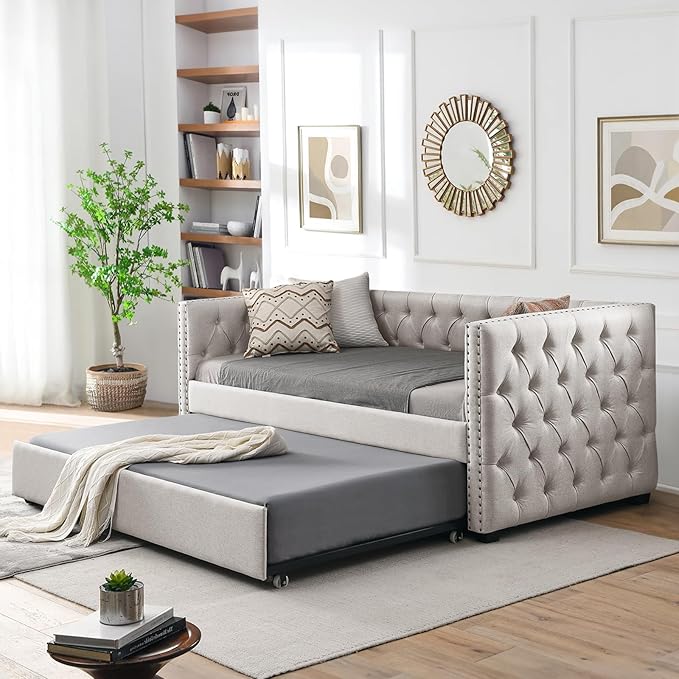 Antetek Daybed with Trundle, Upgraded Linen Upholstered Twin Size Day Bed by Antetek