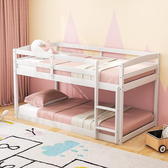 KOMFOTT Low Bunk Bed Twin Over Twin, Solid Wood Bunk Bed Frame by KOMFOTT