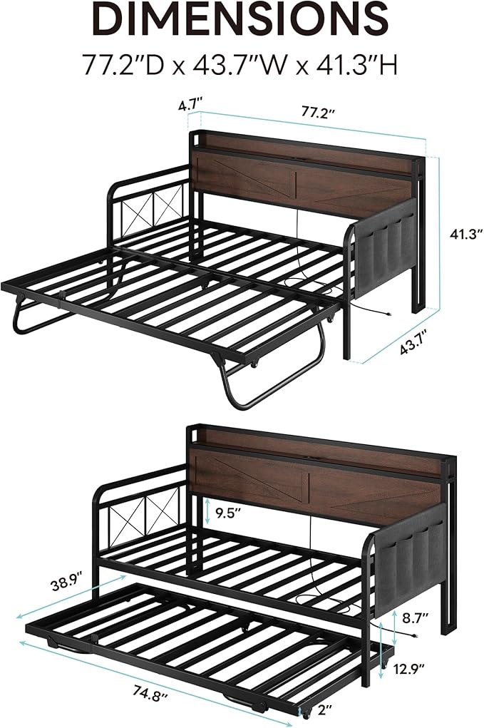 LIKIMIO Twin Daybed with Trundle Bed, Storage Headboard with Charging Station - Image 3
