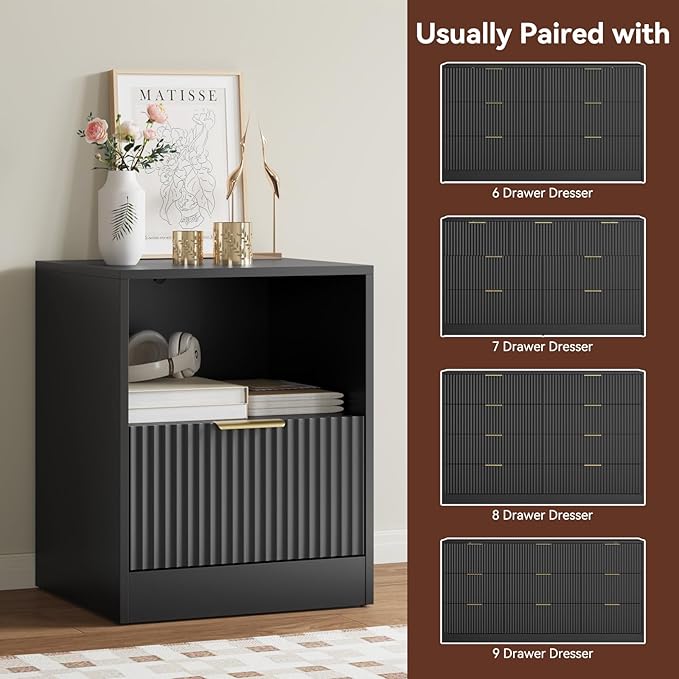 3-Piece Fluted Black Dresser and Nightstand Set, 63” Wide Bedroom Dresser Set - Image 7