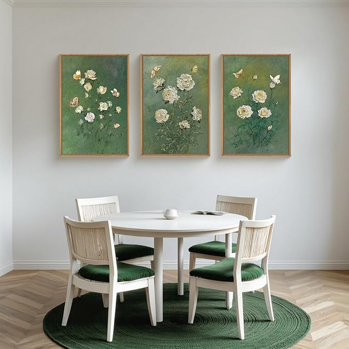 LHIUEM Vintage Moody White Roses Framed Canvas Wall Art, Abstract Flower Green - Image 3