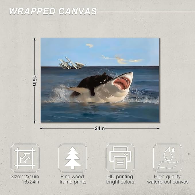 BFKDKG Framed Black Cat Wall Art, Funny Quirky Cat and Shark Pictures Canvas - Image 9