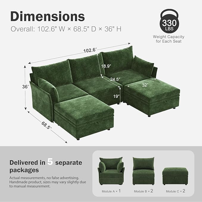 ABCASA 102.6" U Shaped Modular Sectional Sofa, 5 Seater Couch - Image 2