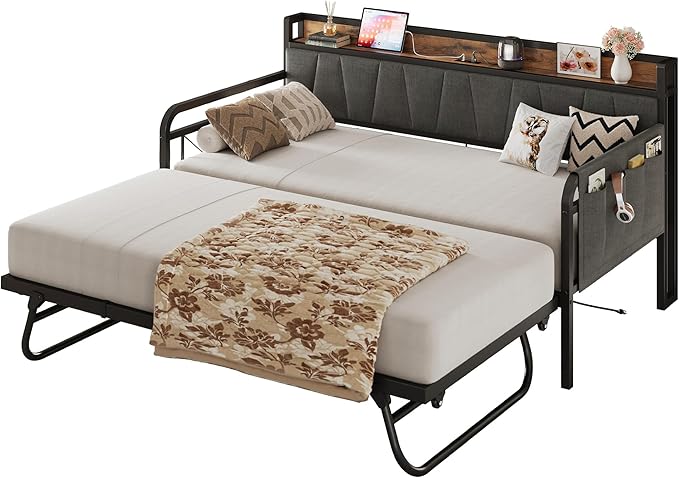 LIKIMIO Daybed with Trundle Bed, Twin Bed Frame with Storage Headboard and by LIKIMIO