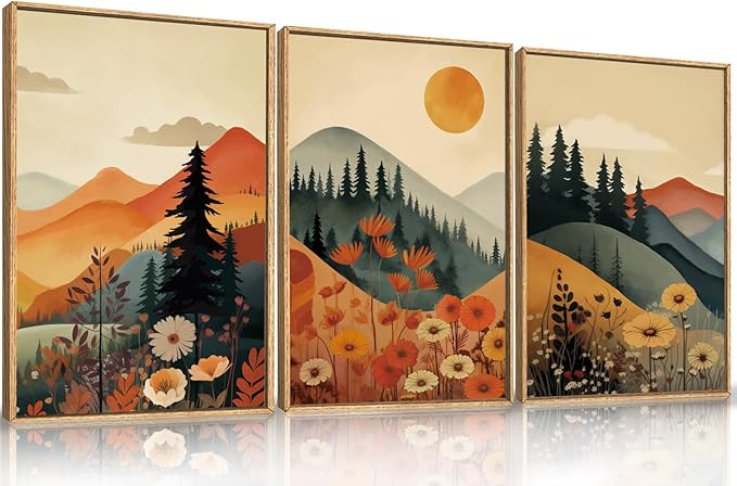 LHIUEM Large Boho Mountain Sunset Framed Canvas Wall Art Set, Pine Tree Flowers by LHIUEM