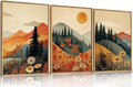 LHIUEM Large Boho Mountain Sunset Framed Canvas Wall Art Set, Pine Tree Flowers by LHIUEM