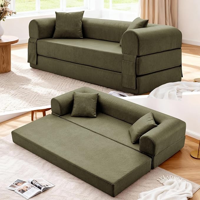 Convertible Folding Sofa Bed, 78.5 Inch Faux Leather Futon Couch by GJQFurniture