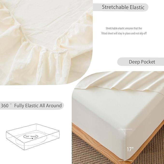 MooMee Fitted Bottom Sheet Only 100% Washed Cotton Linen Like Textured - Image 4