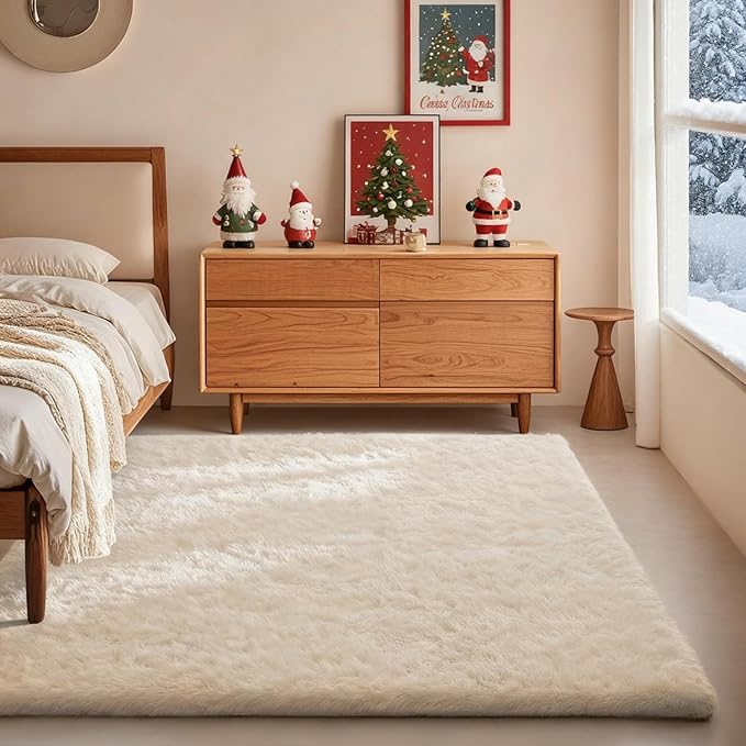Ophanie Area Rugs for Bedroom, Christmas Upgrade Non-Slip Ivory Fluffy Soft by Ophanie