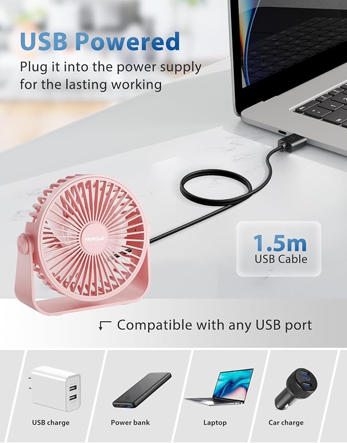 TriPole USB Desk Fan Portable Mini Fan Powerful 3 Speeds Wind Personal Desktop - Image 3