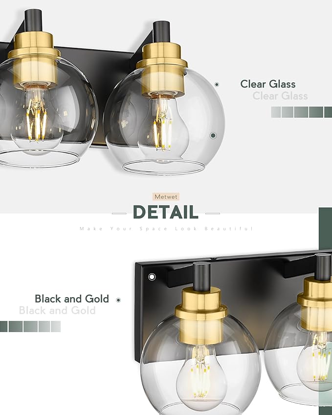 METWET Bathroom Light Fixtures, 3-Light Black and Gold Bathroom Vanity Light - Image 3