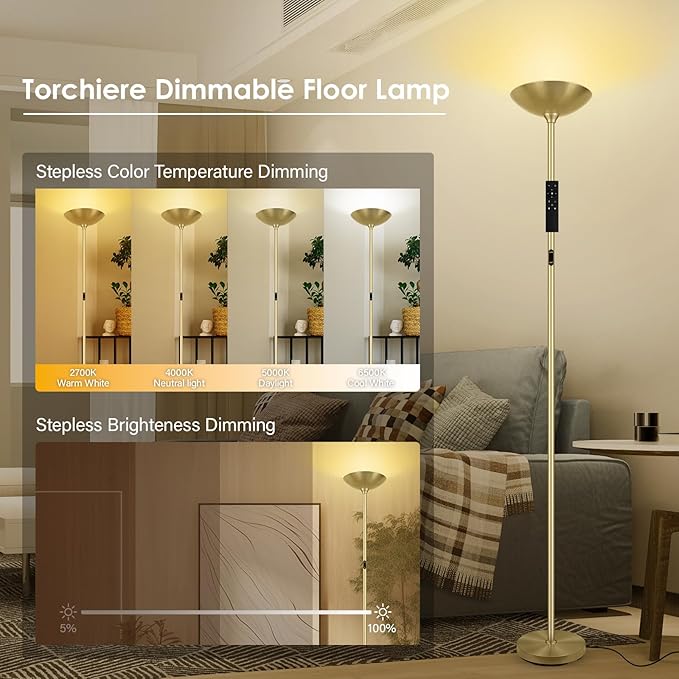 Stepless Dimmable Floor Lamp, 30W 3000LM Super Bright LED Torchiere Floor Lamps - Image 3