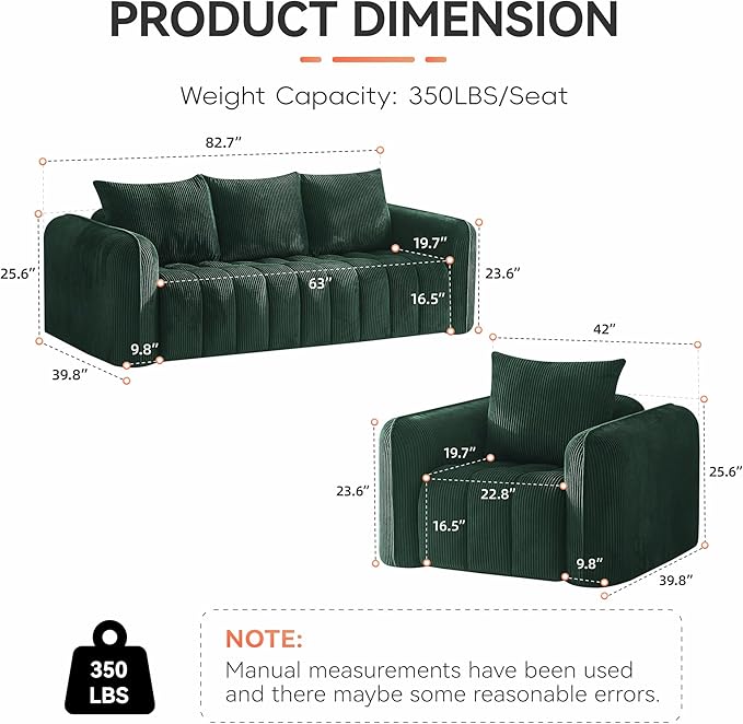Corduroy Boneless Living Room Sets, Modern Upholstered 3 Seater Sofa - Image 2