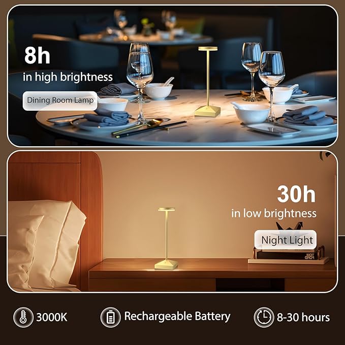 3 Pack 7.67in Gold Small Cordless Table Lamps Rechargeable, Battery Operated - Image 7