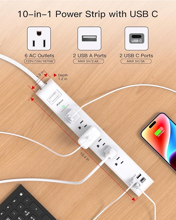 2 Pack Power Strip Surge Protector, Flat Plug Extension Cord - Image 2