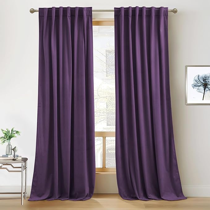 RYB HOME Purple Velvet Curtains 96 inches Length, Back Tab & Rod Pocket Soft by RYBHOME