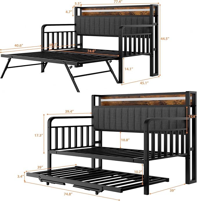Daybed with Trundle and LED Light, Heavy Duty Metal Twin Bed Frame with - Image 2