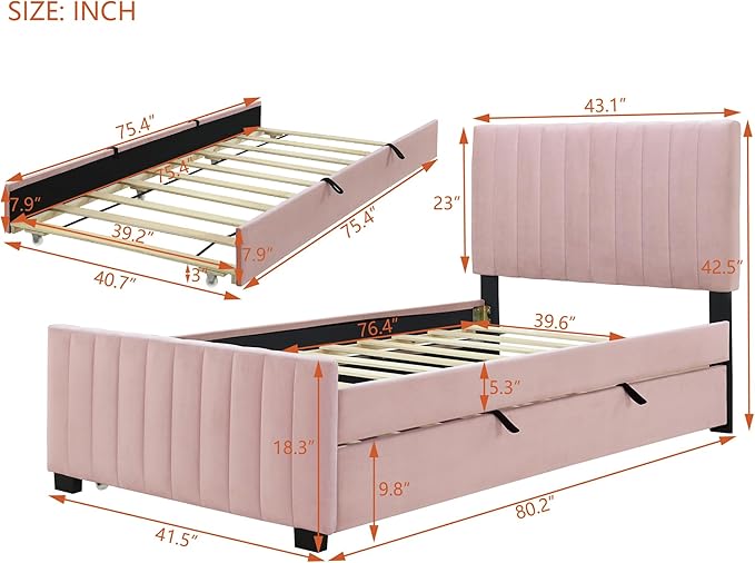 Twin Size Bed Frame with Trundle Bed, Velvet Upholstered Bed Frame, Twin Size - Image 2