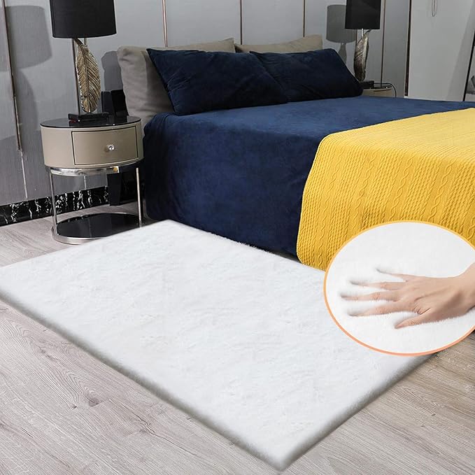 White Shaggy Bunny Fur Rugs for Living Room Washable Furry Area Rugs for - Image 3
