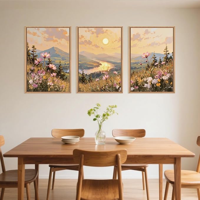LHIUEM Large Boho Sunset Wildflower Framed Canvas Wall Art, Nature Pink Flower - Image 3