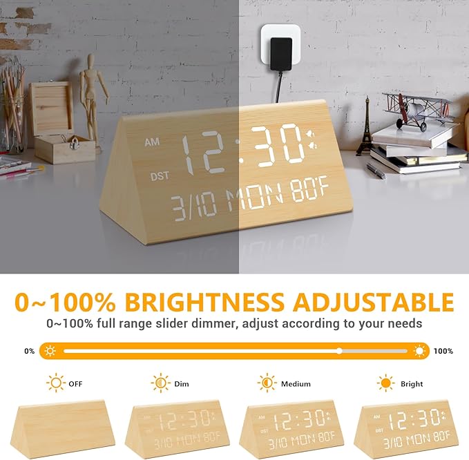 Kogonee Wooden Digital Alarm Clock, 0-100% Dimmer, 2 Alarm Settings, - Image 3