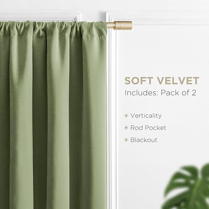 Joydeco Coconut Green Velvet Curtains 90 Inches 2 Panels, Luxury Thermal - Image 3