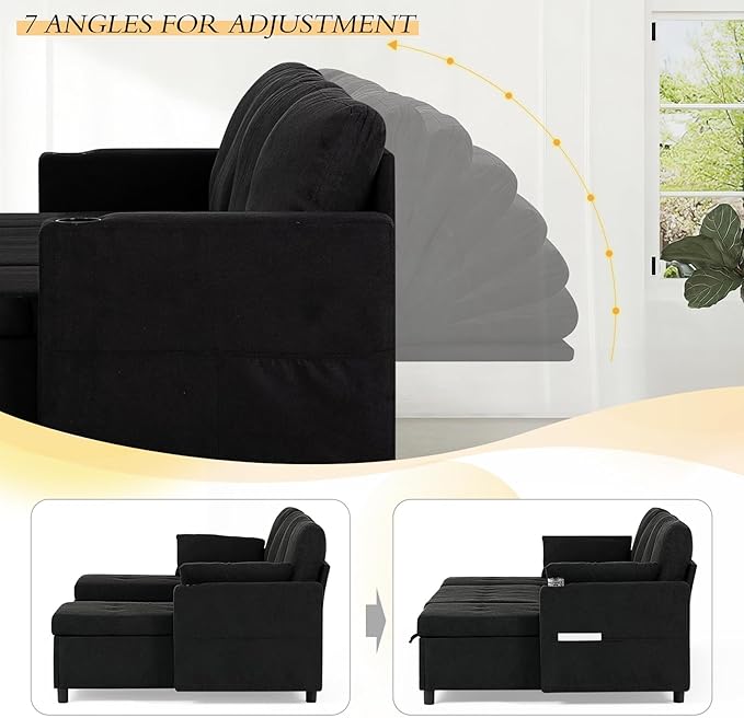 110" Fabric Pull-Out Couch Bed w/Adjustable Backrests, Sectional Sleeper Sofa - Image 5