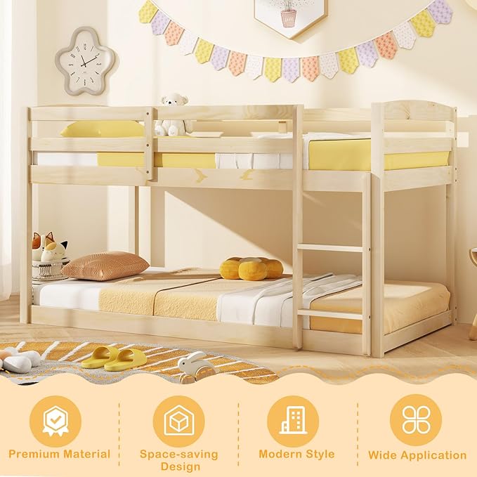 KOMFOTT Low Bunk Bed Twin Over Twin, Solid Wood Twin Bed Frame - Image 8