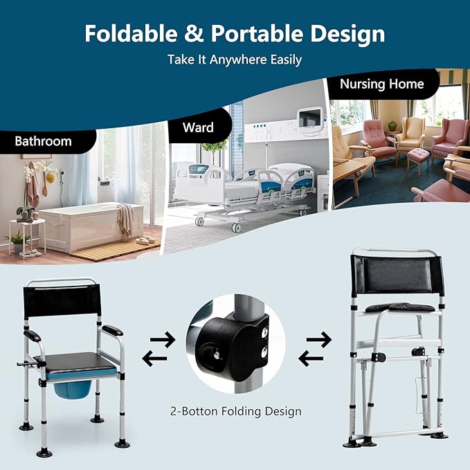 Goplus 4-in-1 Folding Bedside Commode, 440lbs Commode Chair - Image 4