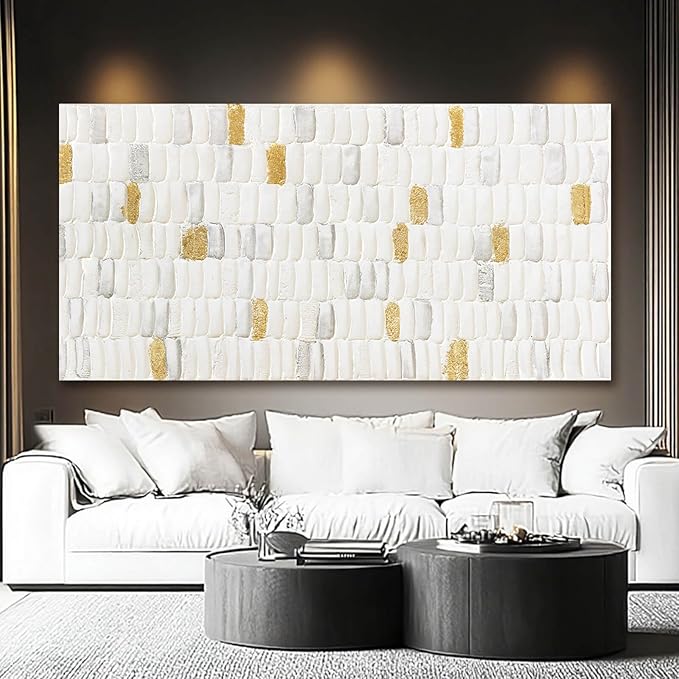 YETHEN WAL White and Gold Textured Wall Art 29x58, Hand-Painted Neutral - Image 2