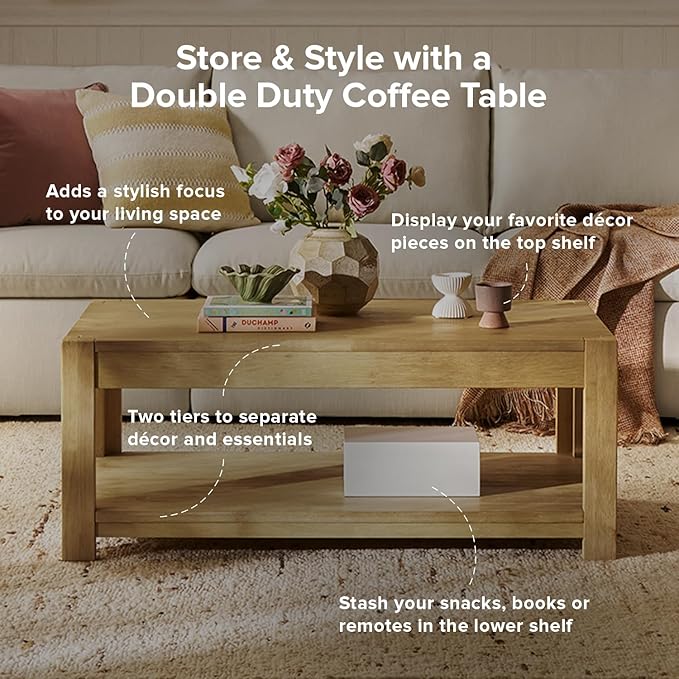 mopio Logan Solid Wood 2-Tier Rectangle Coffee Table, Modern Farmhouse Solid - Image 4