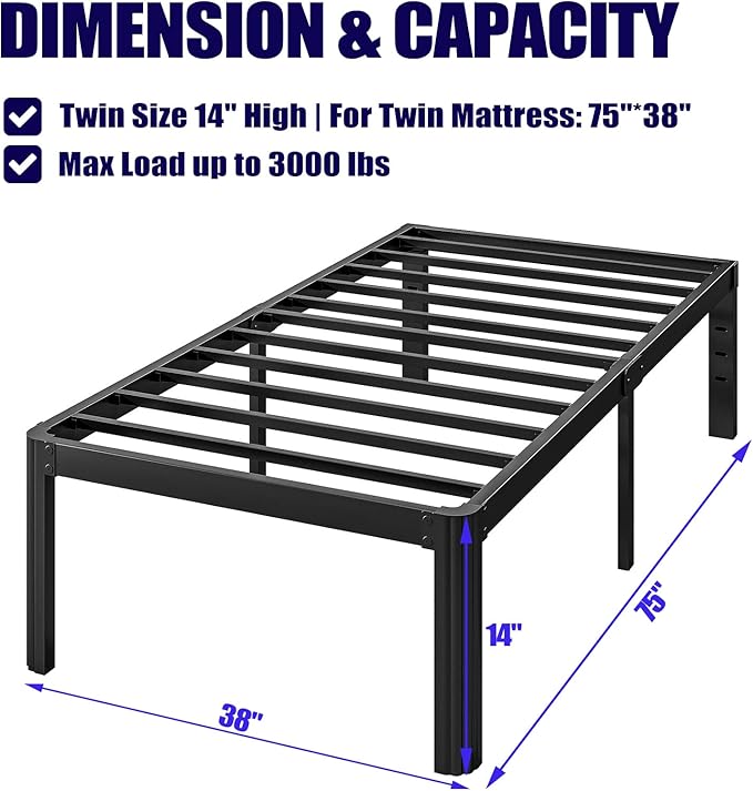 Hunlostten 14in Heavy Duty Twin Bed Frame No Box Spring Needed, Metal Platform - Image 3