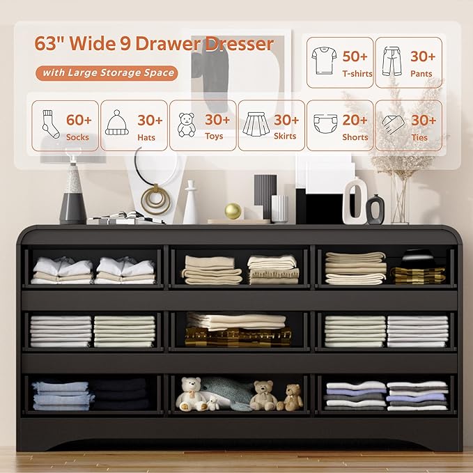 Dresser for Bedroom with 9 Drawers, Wood Closet Clothes Storage Long Dressers - Image 5