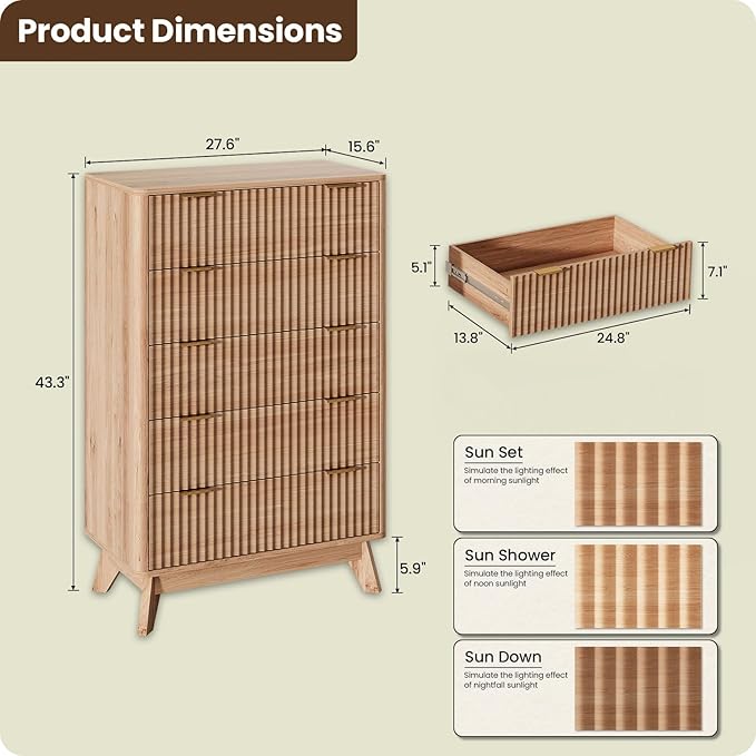43'' Hight 5 Drawers Dresser for Bedroom, Modern Fluted Vertical Chest - Image 2