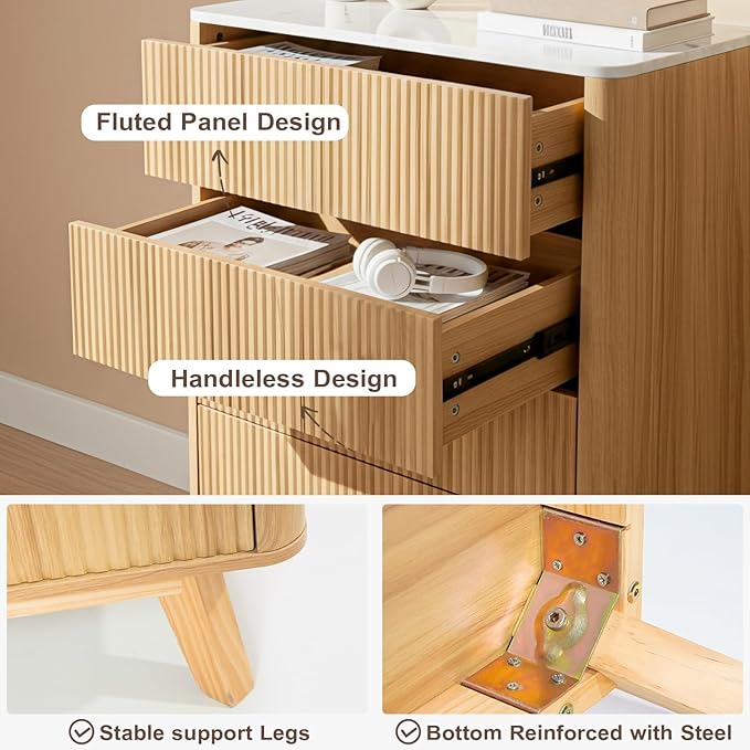 Fluted 5 Drawers Dresser for Bedroom, Curved Profile Design, Wood Drawer - Image 8