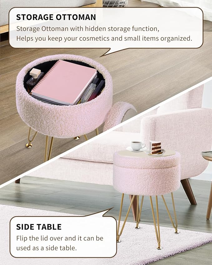 ABHENG Storage Ottoman Round Footrest Stool, Vanity Stool Chair Faux Teddy Fur - Image 5