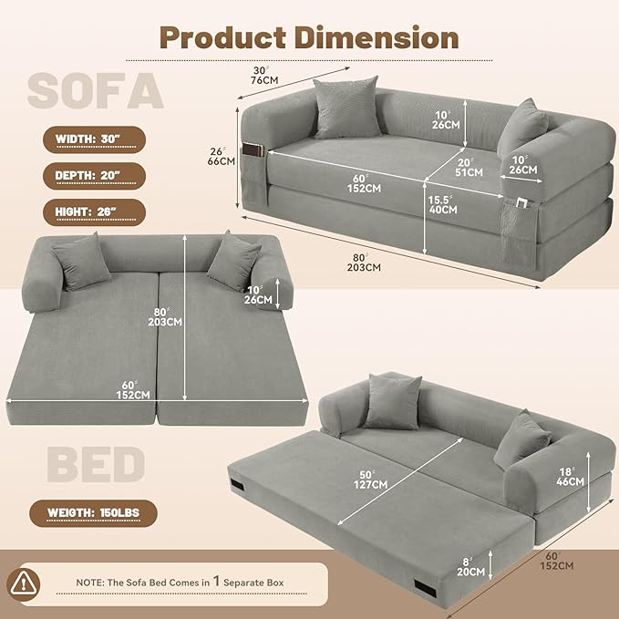 80" Convertible Sofa Bed, Corduroy Folding Sleeper Sofa Bed Queen - Image 3