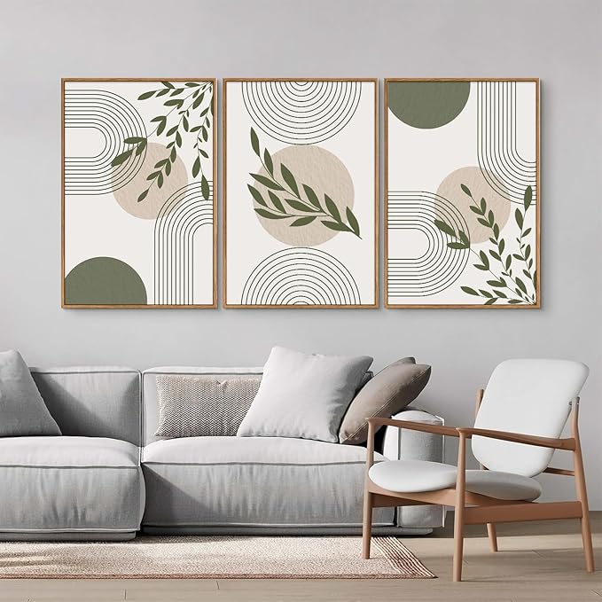 Yeehomedec Boho Sage Green Framed Canvas Wall Art, Mid Century Modern Wall Decor - Image 3