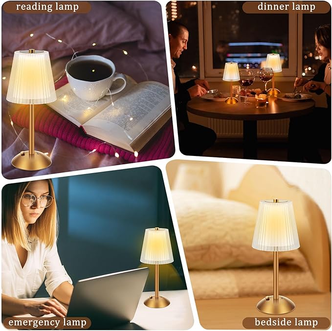 Liliful 2 Pcs Cordless Table Lamp Rechargeable Touch LED Small Gold Portable - Image 6