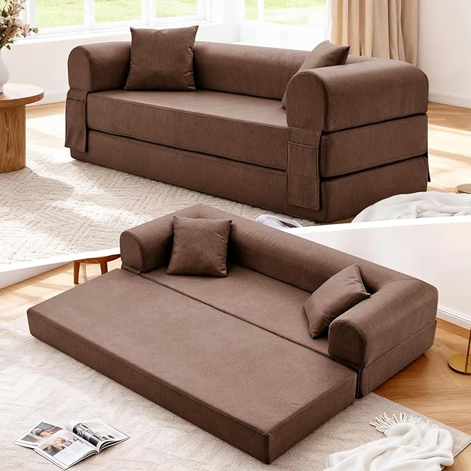 Convertible Folding Sofa Bed, 78.5 Inch Faux Leather Futon Couch by GJQFurniture