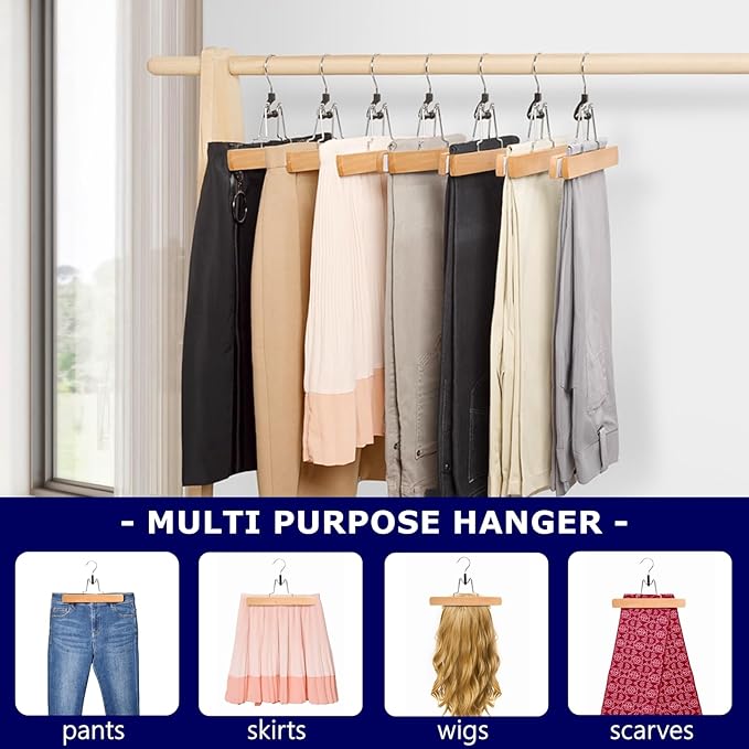 Amber Home 10 Pack Natural Wooden Pants Hangers, Wood Clamp Hangers - Image 5