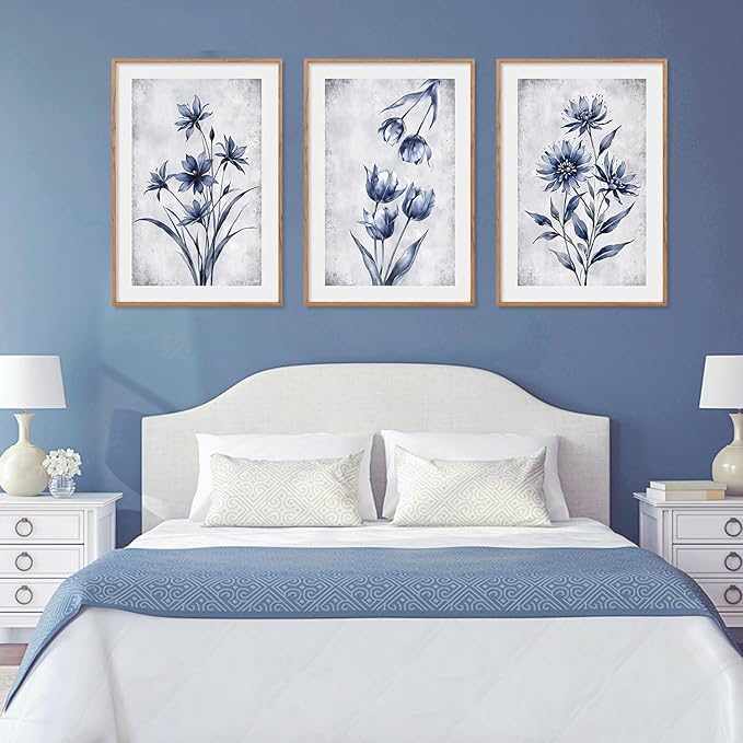 LHIUEM Navy Blue and Grey Flower Framed Canvas Wall Art Set, Modern Botanical - Image 6